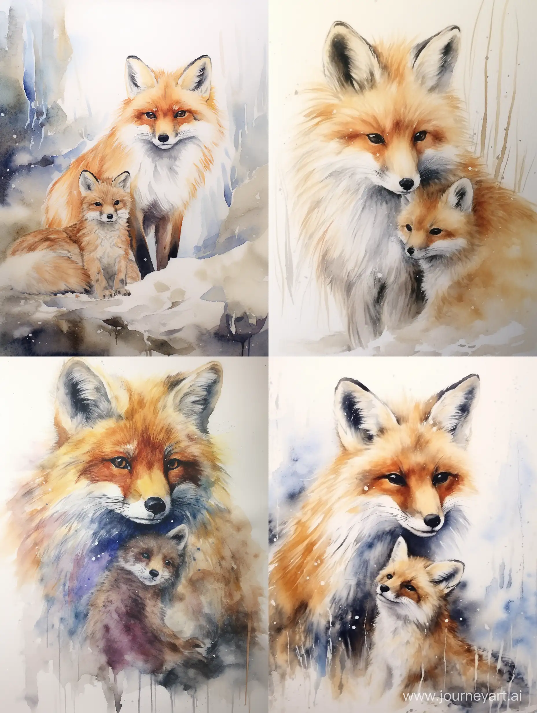 Fox-Mother-Embracing-Cub-in-a-Watercolor-Scene