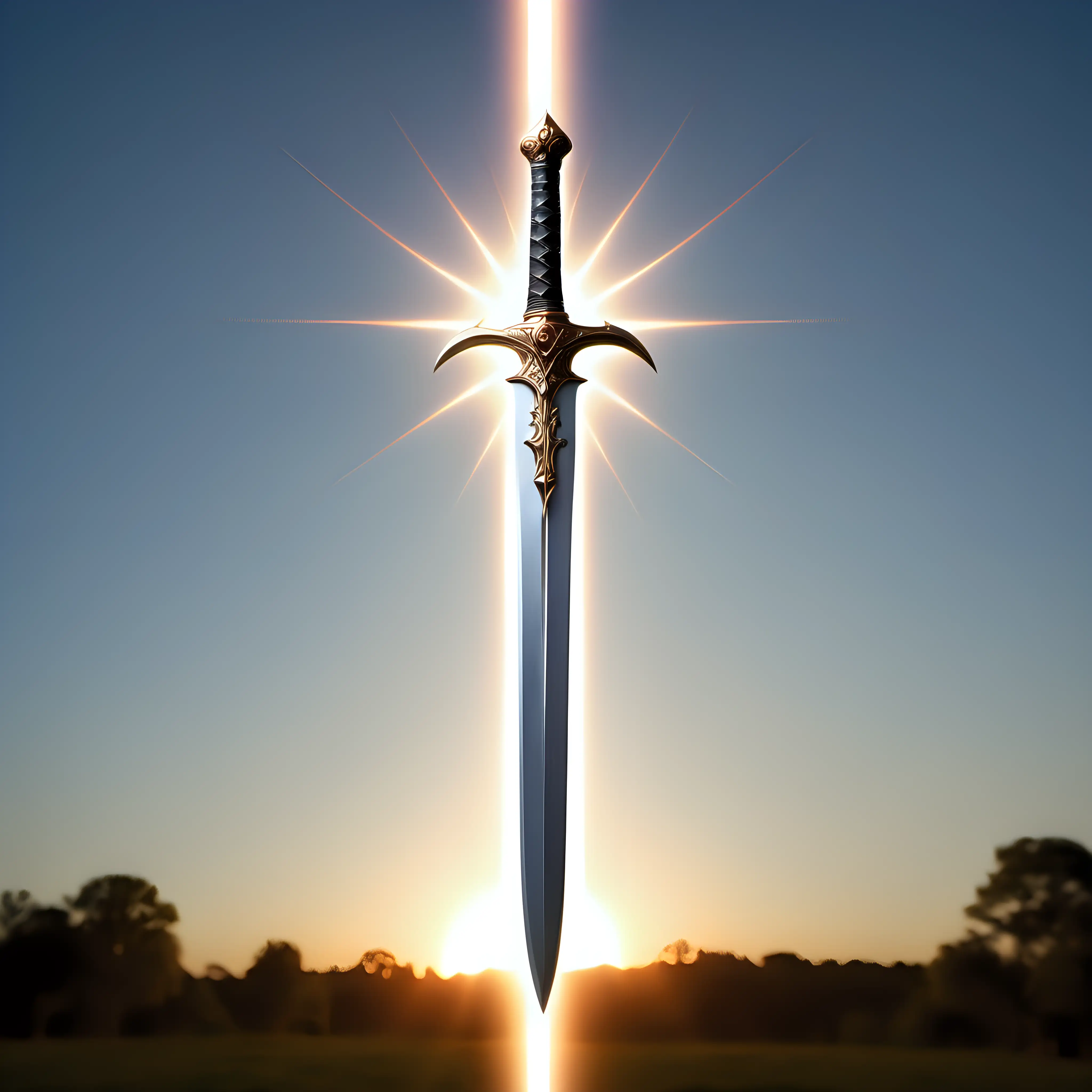 A smooth white sword reflecting the sky's sunset with rays of the sun
