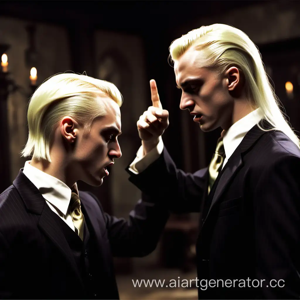 young handsome Draco Malfoy drunk in a suit angry swears screams with Lucius Malfoy,evening, , dear house, Hogwarts office, quarrel