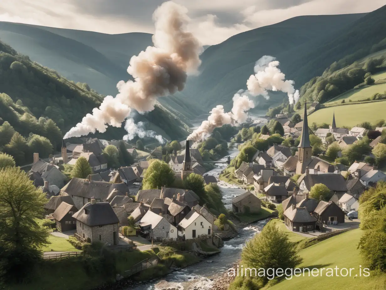 A small town with smoke in the chimneys viewing at the top of a mountain with a river across the village