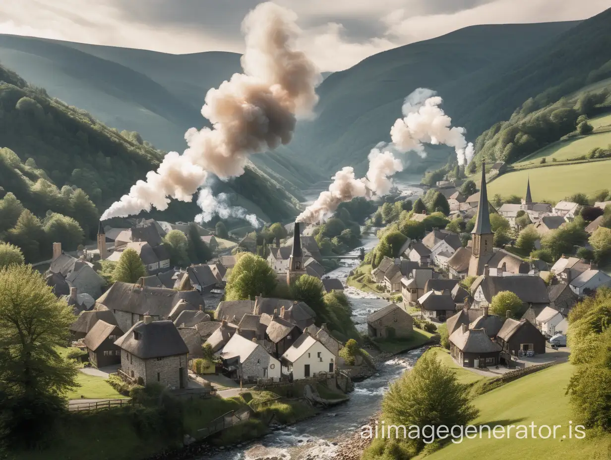 Picturesque-Mountain-Village-with-Smoking-Chimneys-and-River-View