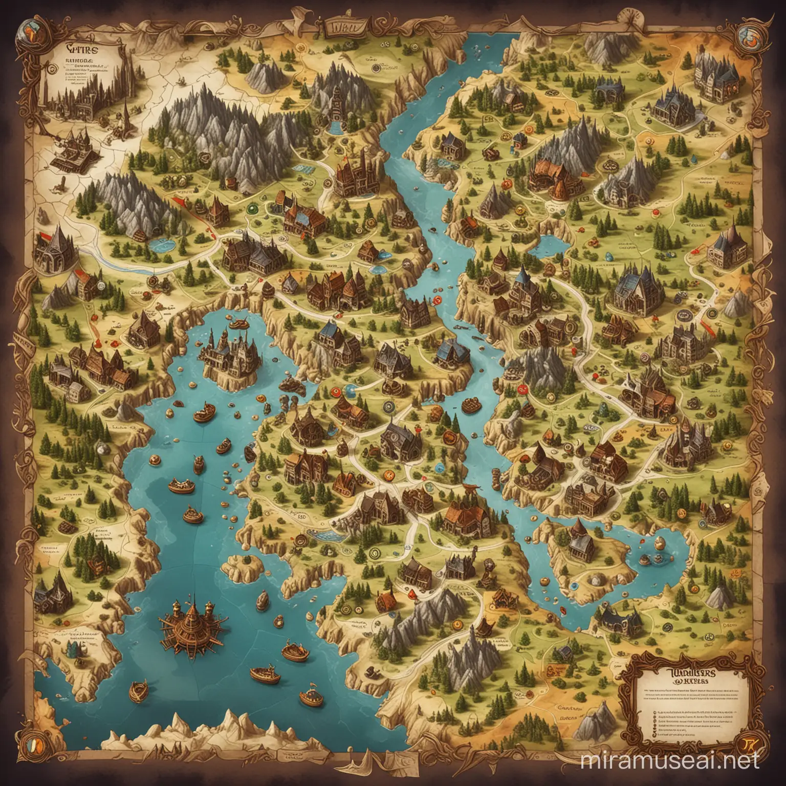 Fantasy Board Game Map with 10 Cities and 10 Villages in Four Unique Lands