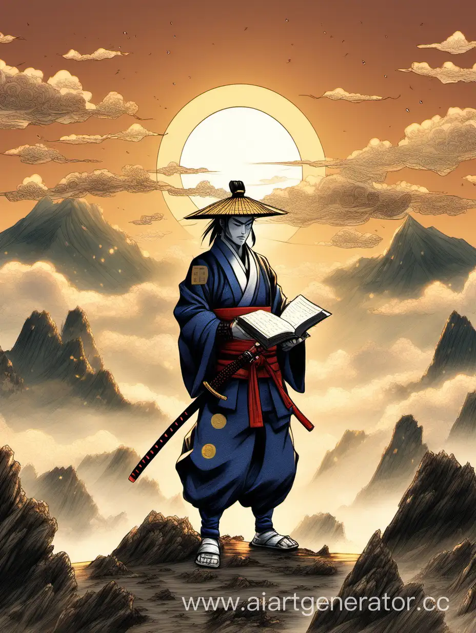 самурай на рассвете с книгой вокруг него криптовалюта на солнце число "8:59"
