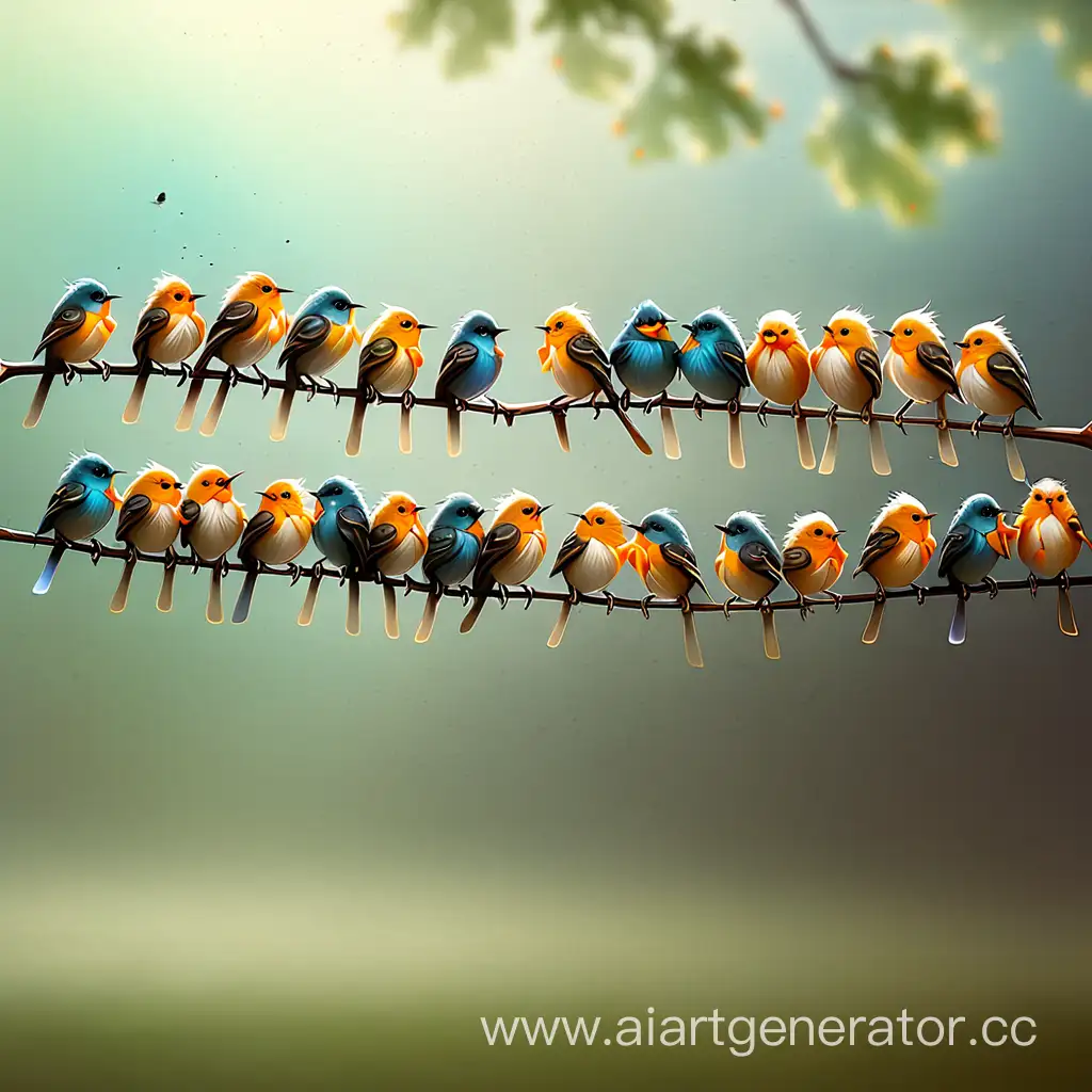 Flock-of-Small-Birds-Perched-on-a-Long-Branch