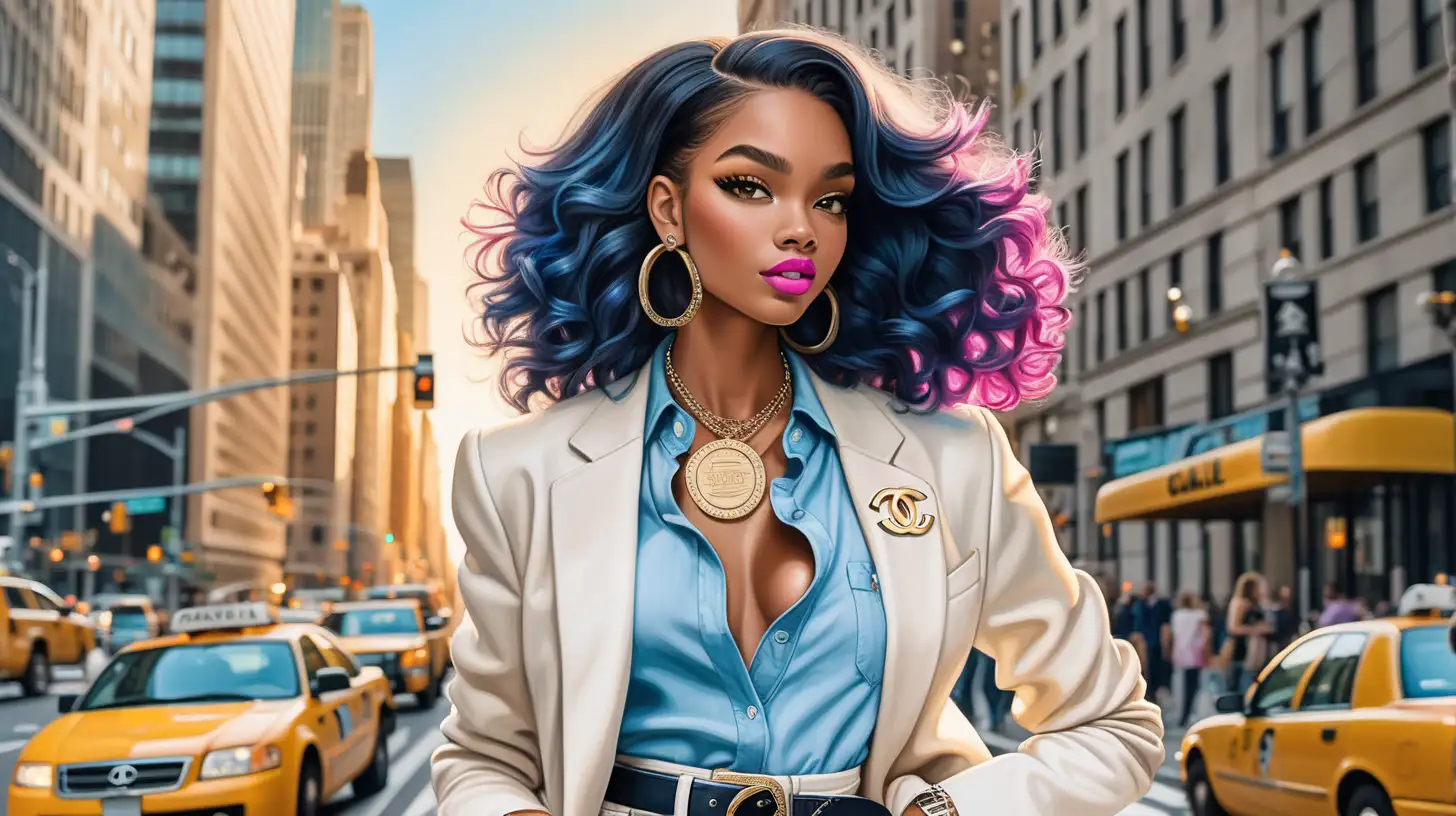 Create a stylish, cartoon young beautiful African American woman with long straight voluminous, wavy dark blue hair walks down a bustling city street. She's dressed in a fashionable ensemble: form fitting Chanel white suit with hot pink lace with high-waisted blue jeans that accentuate her curves, and a black belt cinched around her waist. She accessorizes with a golden 'N' initial necklace, hoop earrings, and several bracelets and rings, creating a chic, urban look. Her makeup is done impeccably, featuring bold eyelashes and a soft, neutral lip color. The sun casts a warm glow behind her, highlighting the skyscrapers in the distance and casting long shadows on the pavement. A yellow cab can be seen in the background, indicative of a busy metropolitan vibe. Her confident pose and the subtle sway of her hair suggest movement and a breeze as she strides forward, perhaps signaling the dynamic nature of city life.