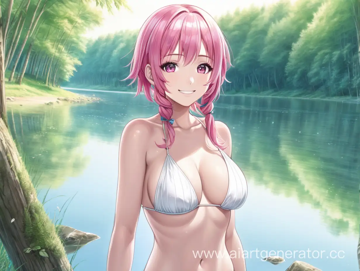 Красивая аниме девушка розовыми волосами, с большой грудью, в белом купальнике, с нежной улыбкой, на берегу реки в лесу