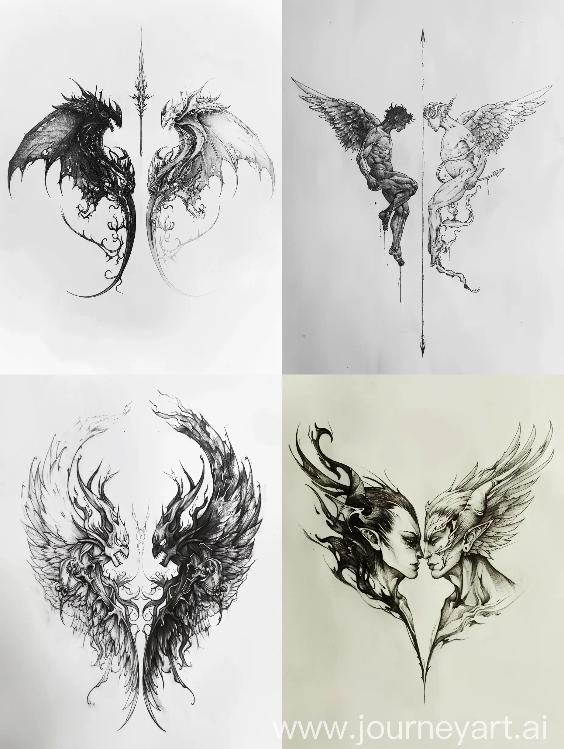 minimalist opposite duality on each side symmetry tattoo design sketch, white background, Angel and Demon concept
