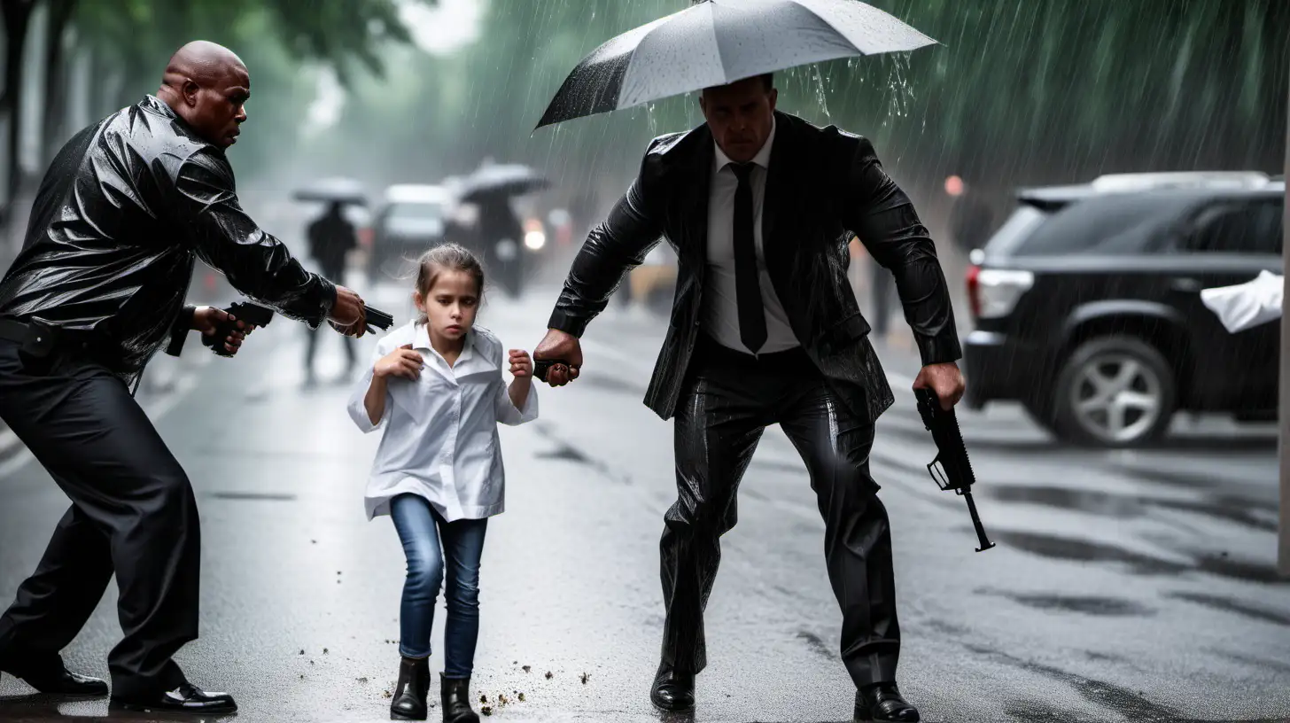 Bodyguard Shielding Woman and Child from Bullet Storm