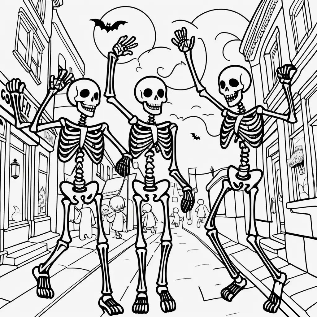 Monochrome Coloring Book Illustration Halloween Skeletons Dancing in Town