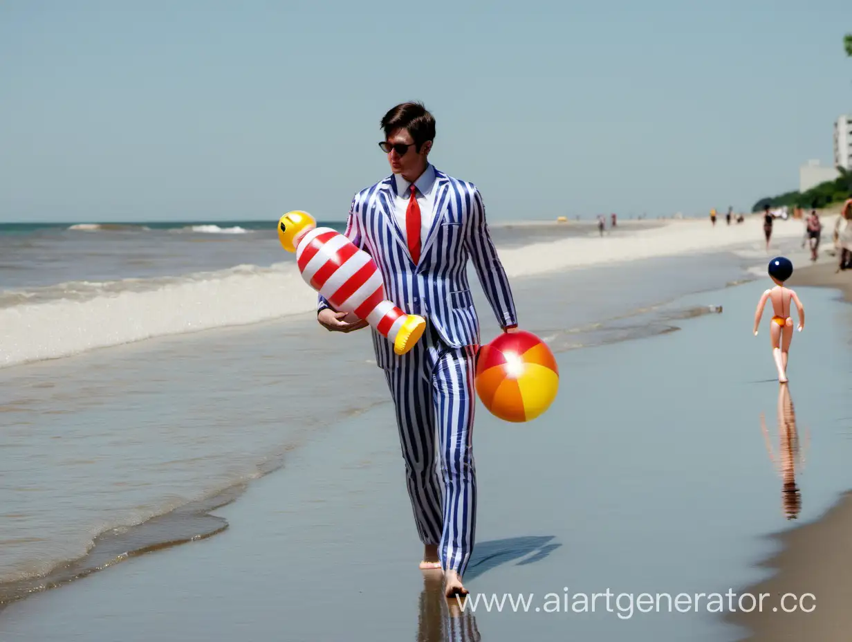 Парень в полосатом костюме идёт по пляжу к воде купаться, в руках несет надувную куклу мужчины