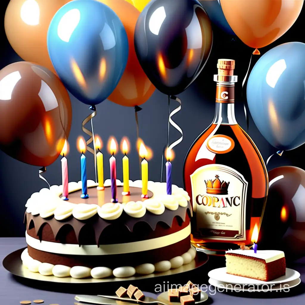happy birthday card, cake, candle, bottle of cognac, balloons