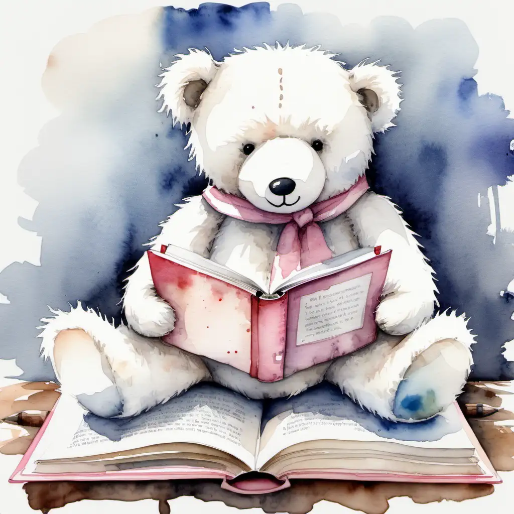Rustic, Watercolour, white teddy bear sitting reading from pink book