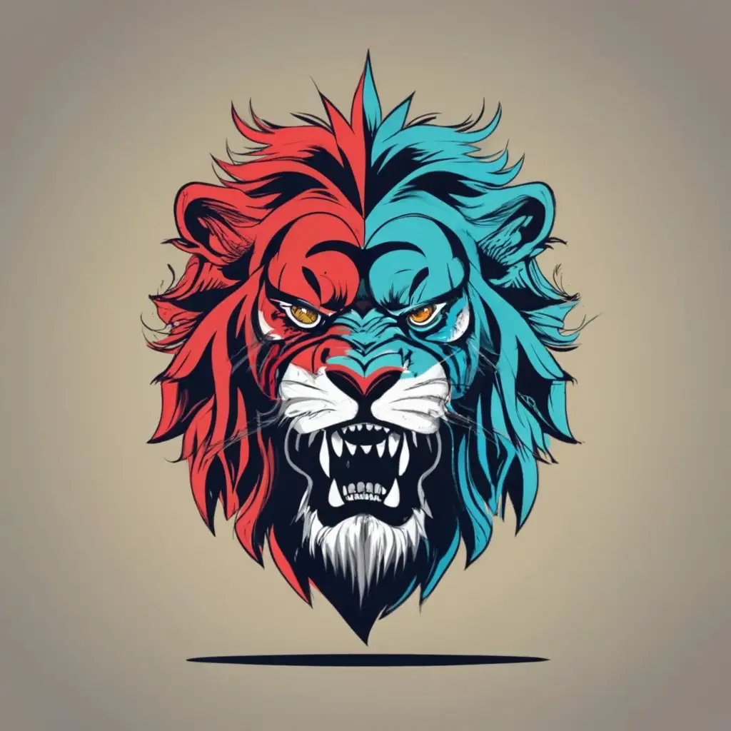 Logo, angry Lion face lookin us. Lions face is half red half blue. Anime style. Background white