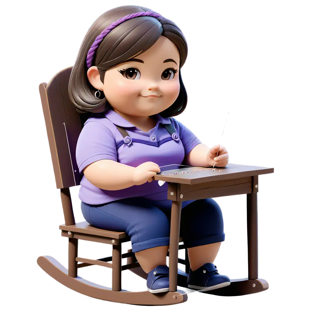 Chibi fat cute girl wearing purple shirt, sitting on a rocking chair, sewing with needle and thread