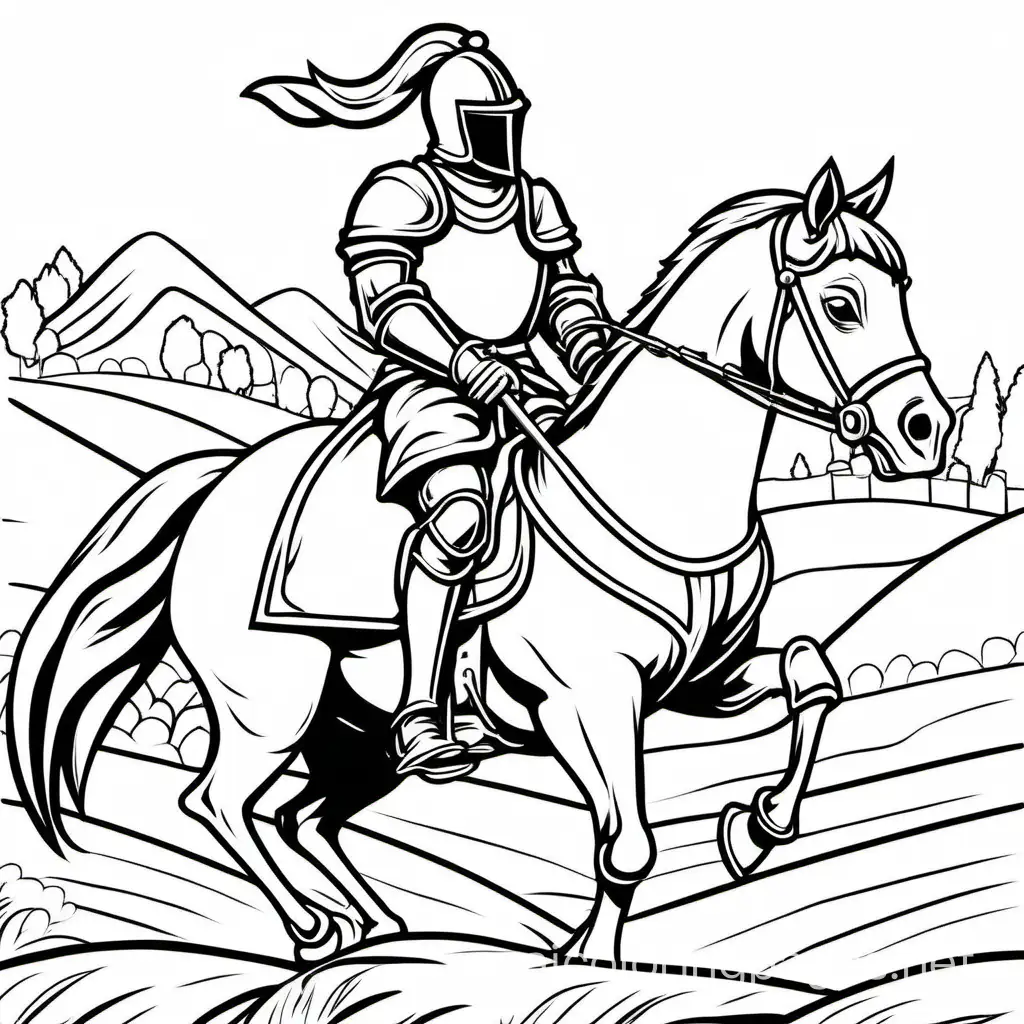 Knight riding a horse, Coloring Page, black and white, line art, white background, Simplicity, Ample White Space. The background of the coloring page is plain white to make it easy for young children to color within the lines. The outlines of all the subjects are easy to distinguish, making it simple for kids to color without too much difficulty