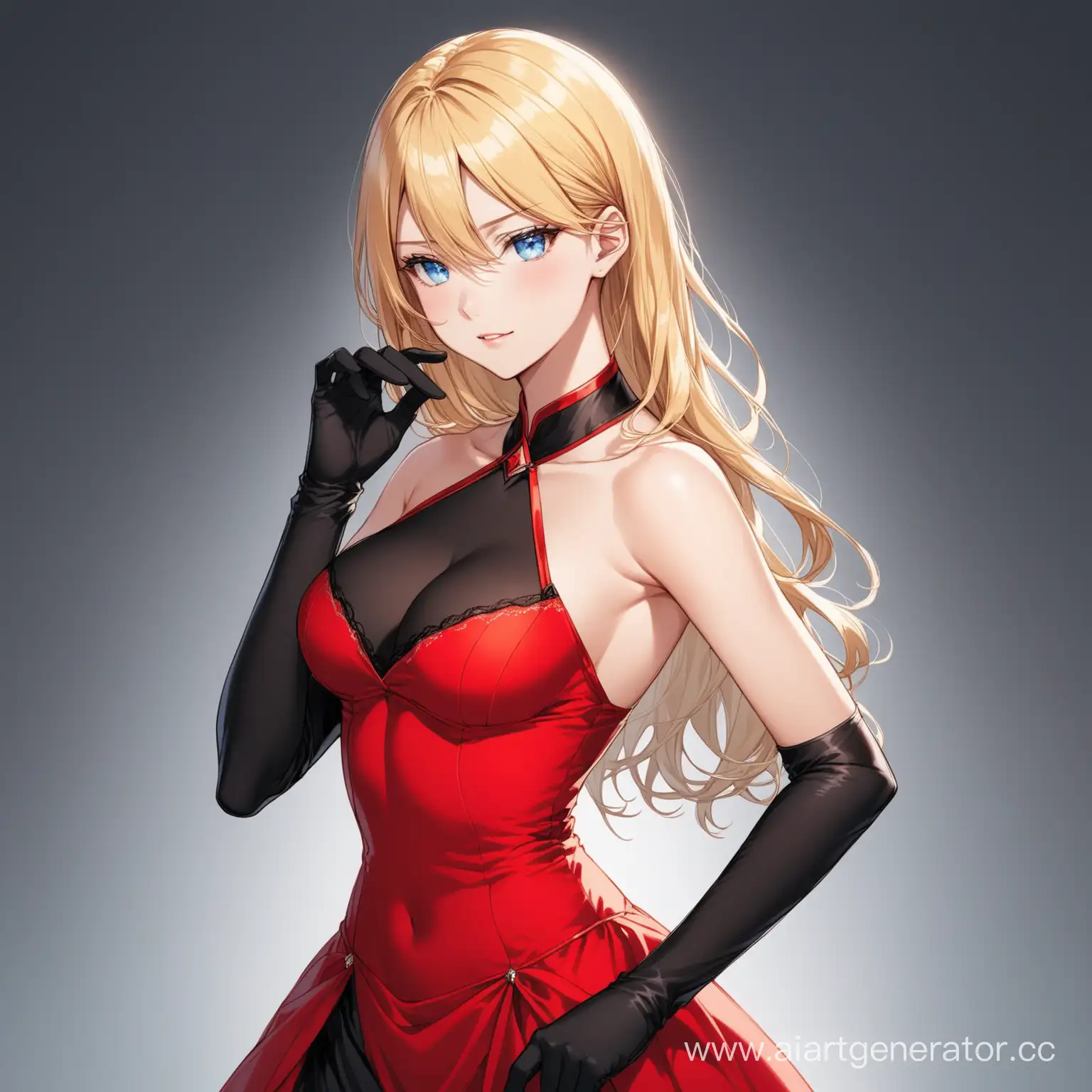 Elegant-Blonde-Woman-in-Red-and-Black-Dress-and-Gloves