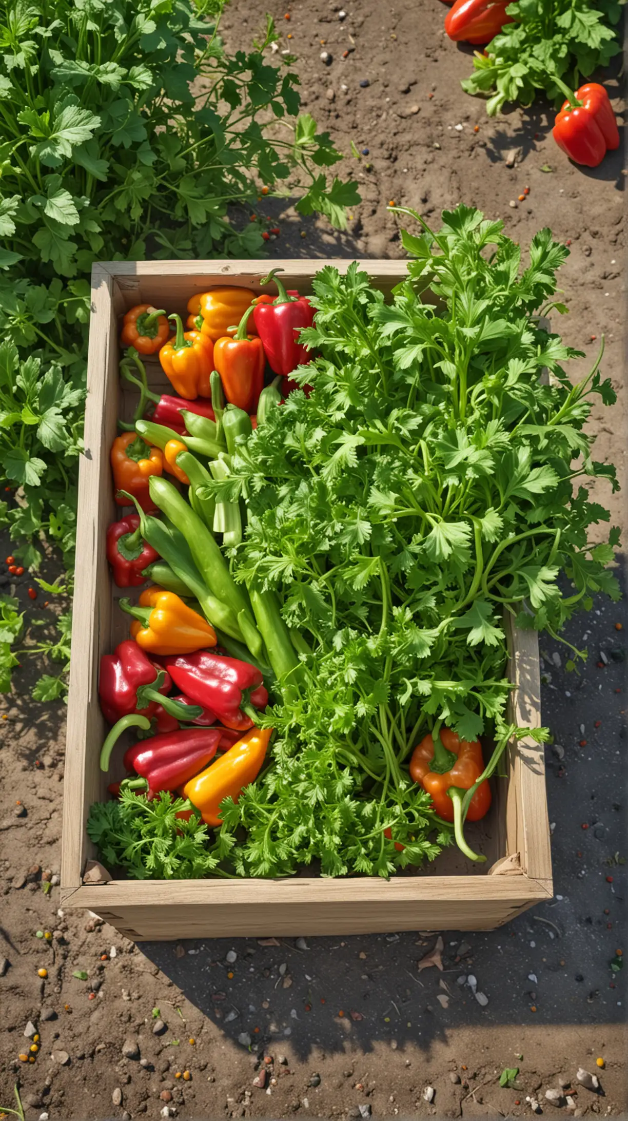 Fresh Vegetables in Garden Setting Colorful Peppers Celery and Parsley