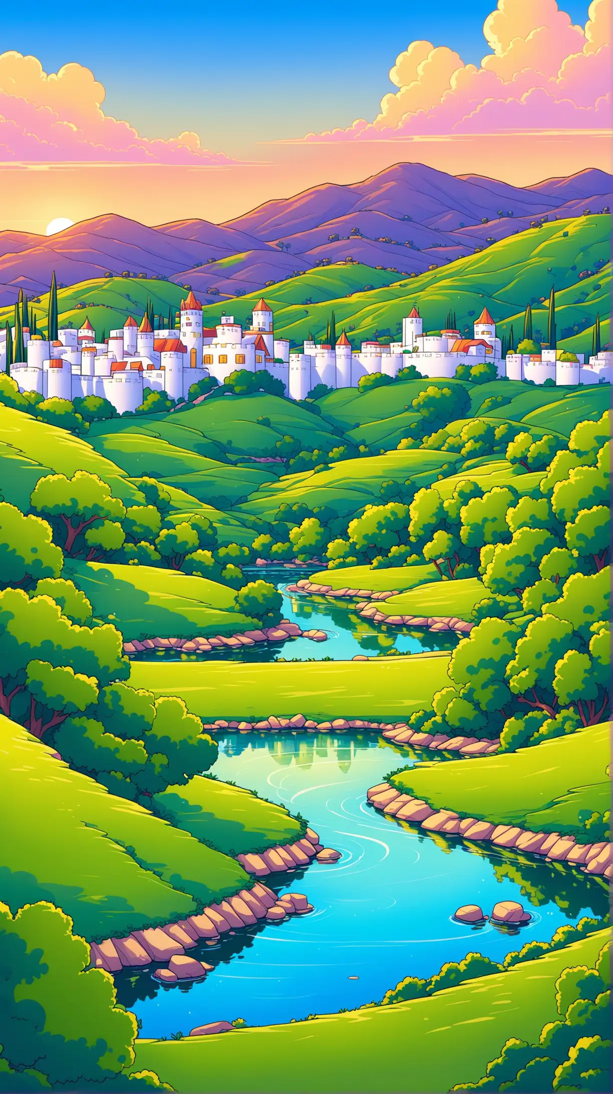 Cartoon Hollywood Hills with Pond Foreground