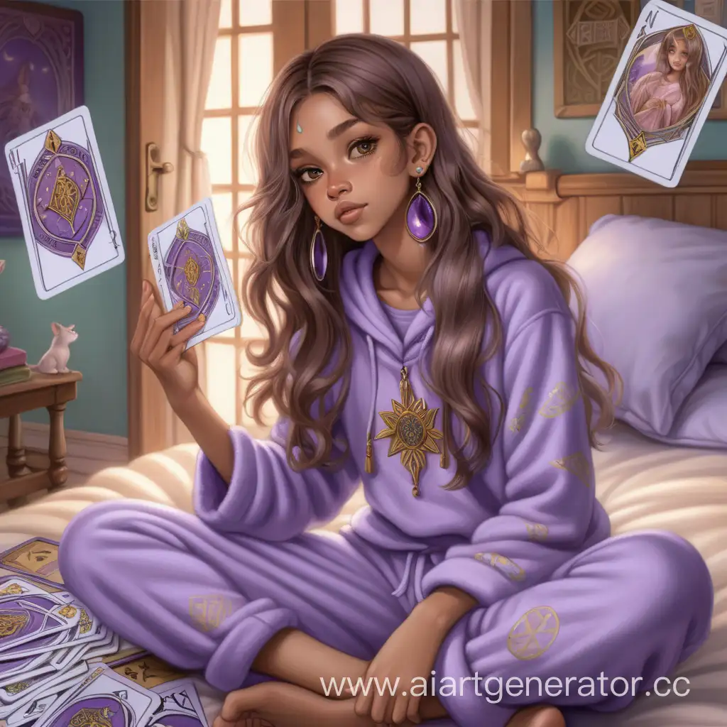 Mystical-Girl-with-Violet-Hair-Shuffling-Tarot-Cards-in-Mint-Pajamas