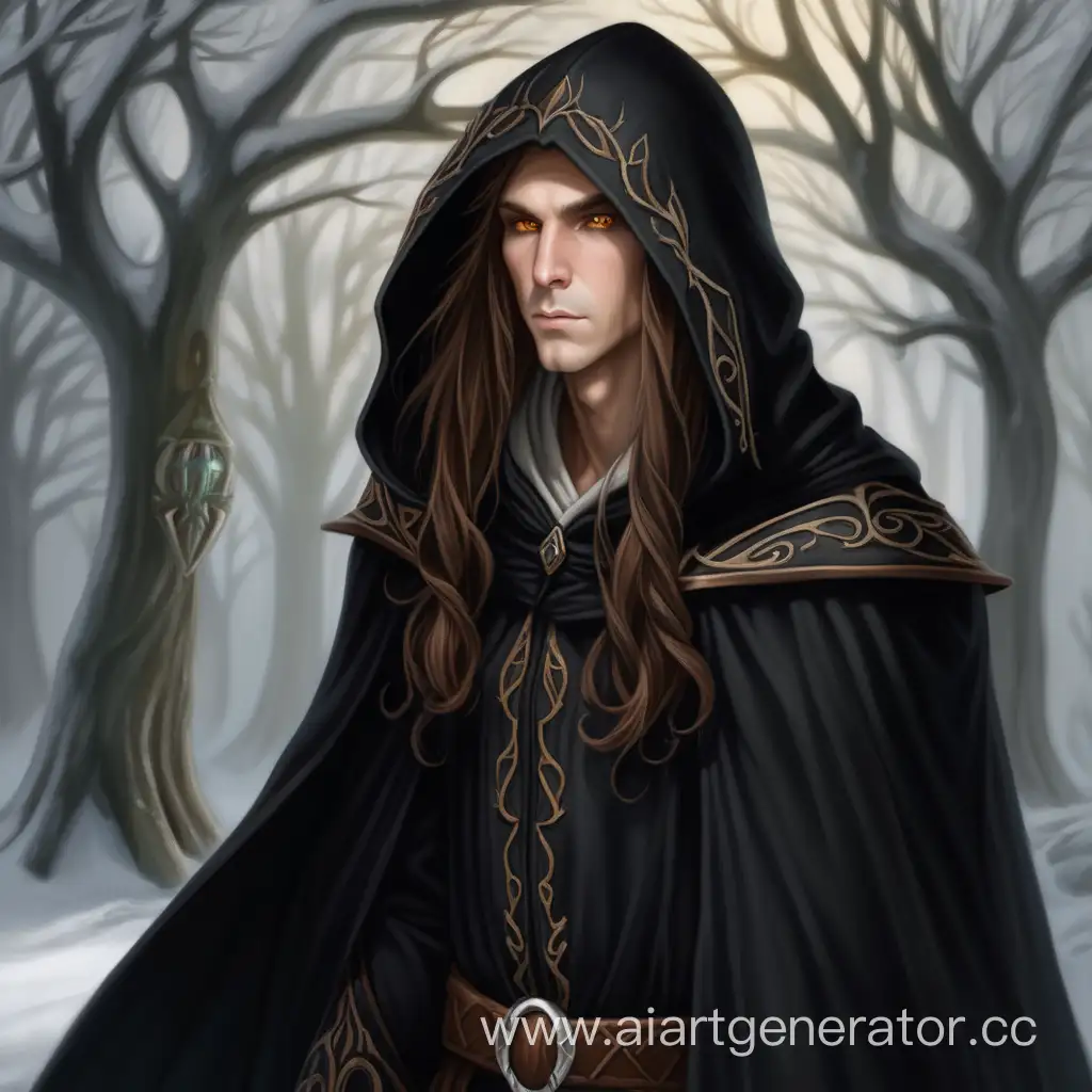 Mysterious-Elf-with-Long-Brown-Hair-and-Black-Cloak-in-Forest