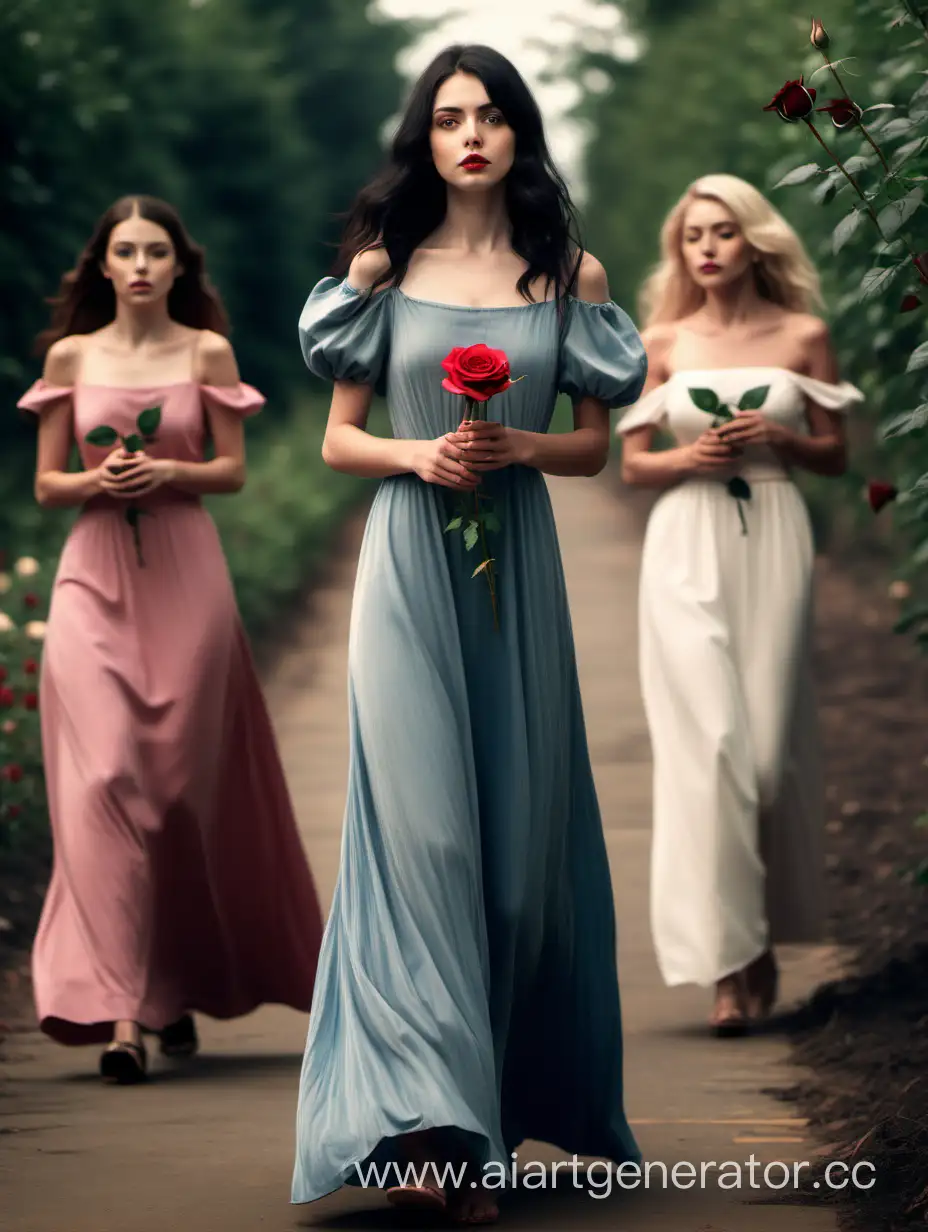 A grow girl with dark hair holds an rose in her hands followed by women in long dresses