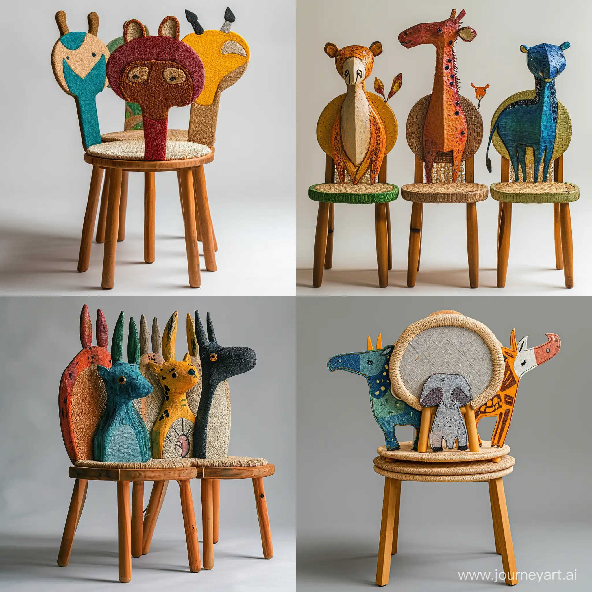 imagine an image of a  stackable sturdy children’s chair inspired by Children's Paintings of Animals Safari, with backrests shaped like different creatures. Use recycled wood for the frame and woven plant fibers for seating areas, depicted in colors representative of the chosen animals. The seat should stand approximately 30cm tall, built to educate about wildlife and ensure durability.realistic style
