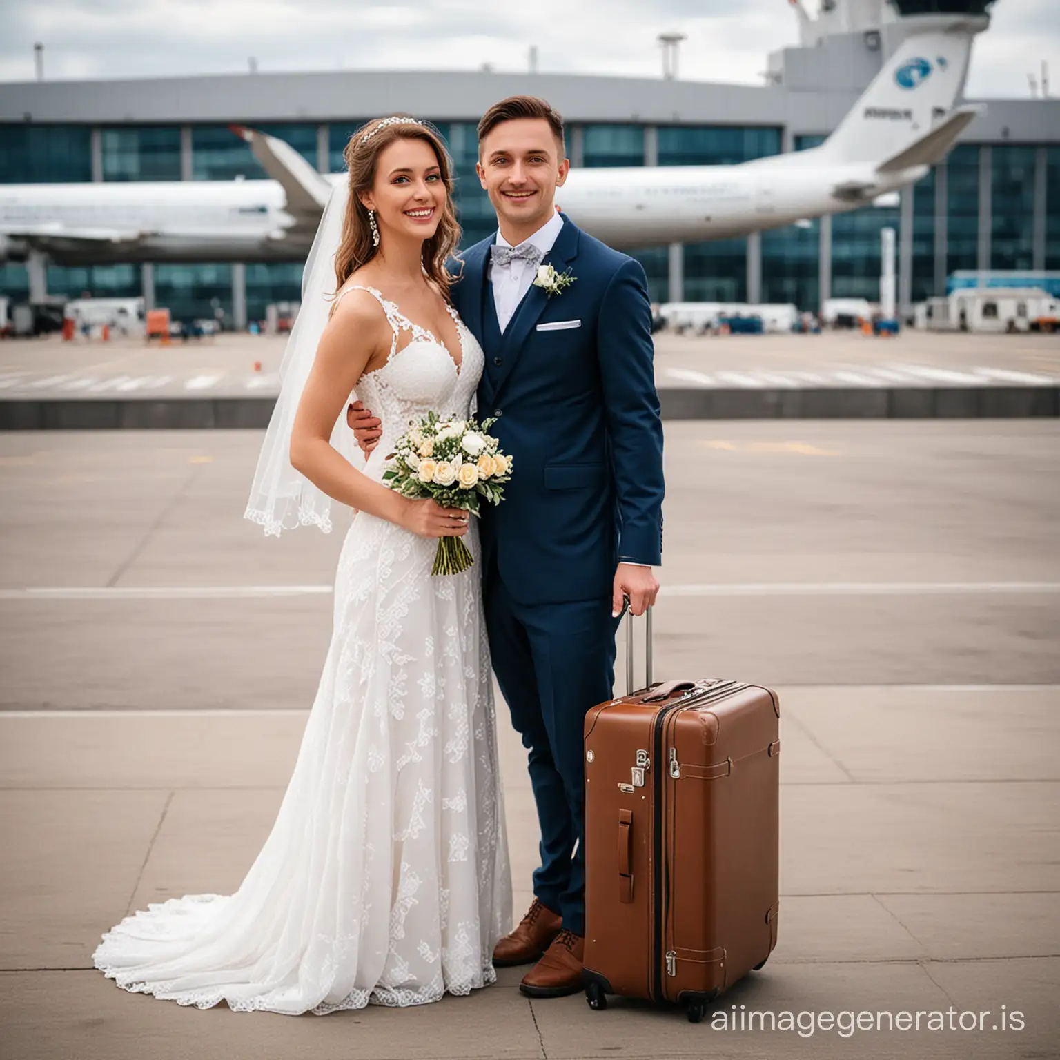 Happy newlyweds with suitcases against the backdrop of the airport terminal in Nizhnevartovsk
