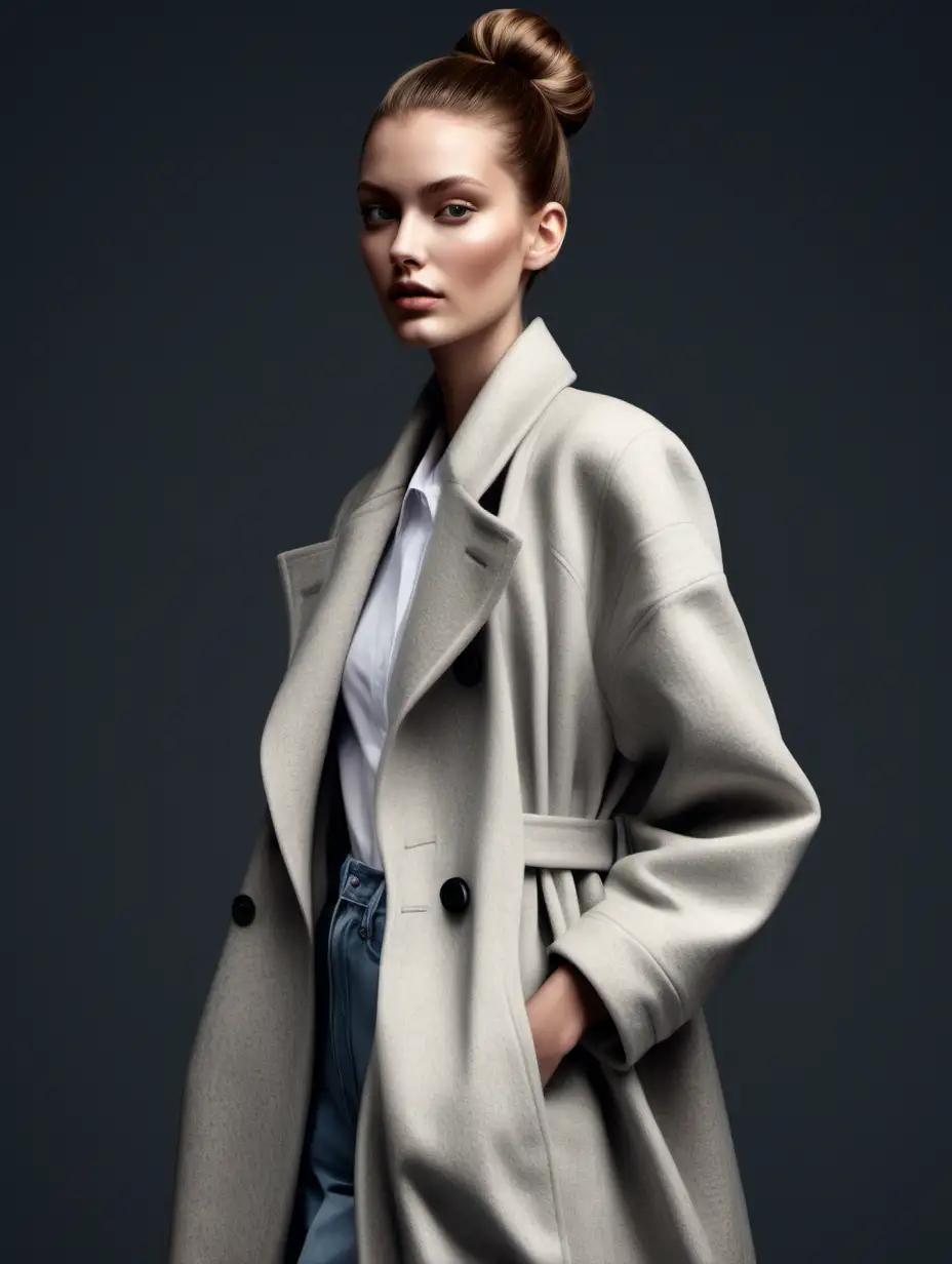 Hyperrealistic coat very beautiful tall Model, her hair is in a bun ,wearing summer outfit by H&M in the style of Magazine