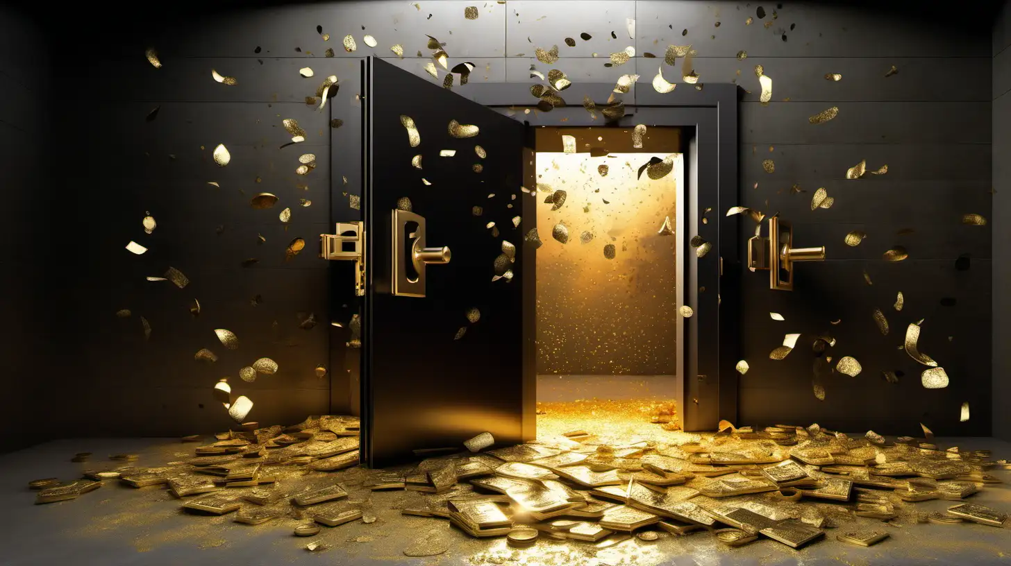 (A wide-open vault door revealing a view inside with scattered gold loot on the ground), (Canon EOS R6 with a 24-105mm f/4 lens), (Dramatic lighting casting shadows and illuminating the scattered gold), (Still life photography style capturing the aftermath of the open vault with gold loot)