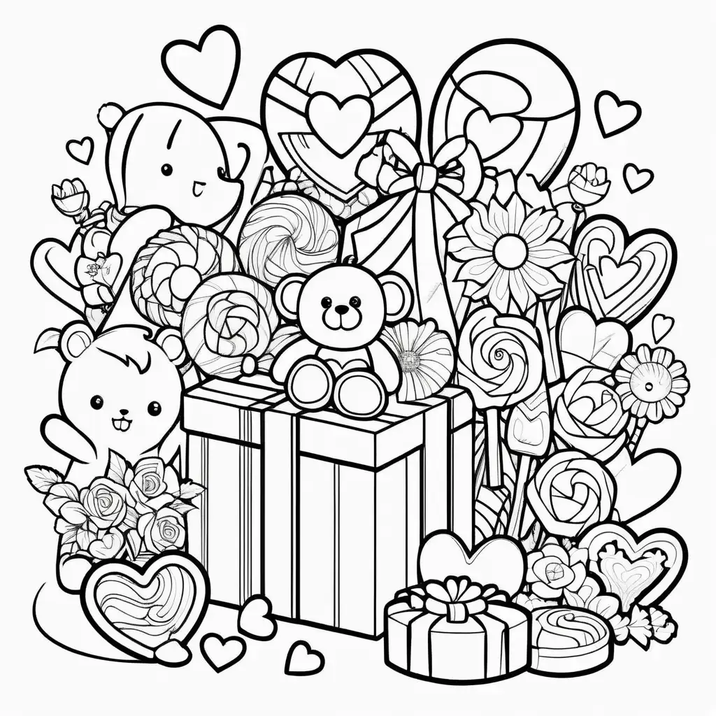 Valentines Day Coloring Page with Gift Flowers Candy and Toy