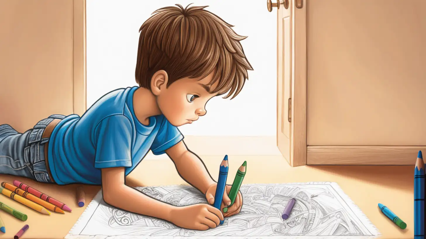 a boy in a corner coloring with crayons, focused