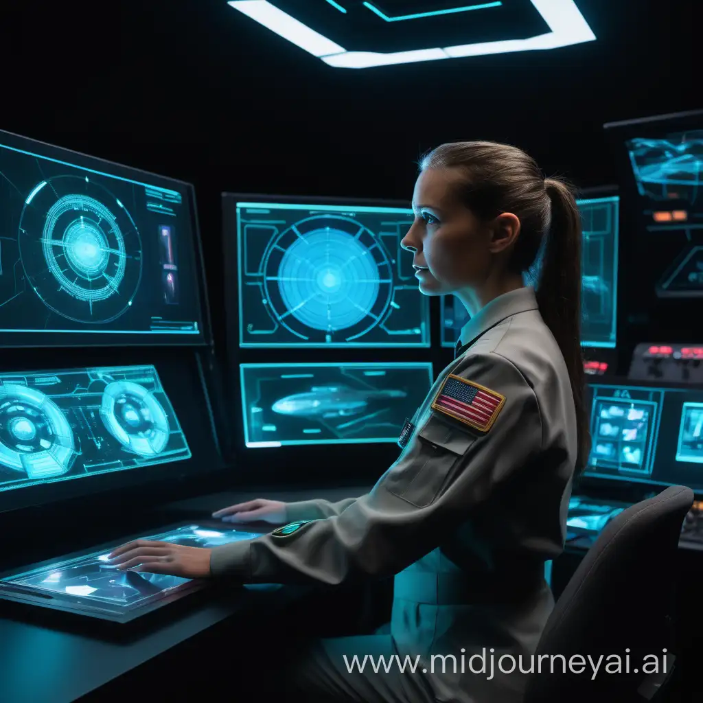 Show Commander Alexis monitoring holographic displays with tension in the air. Include futuristic interfaces and emergency lights.