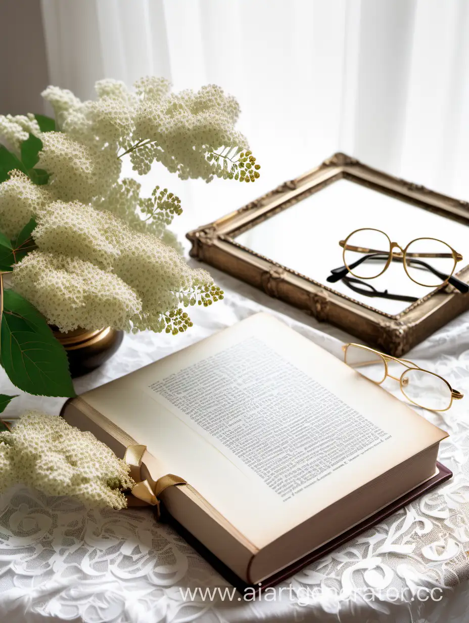 Elegant-White-Book-and-Antique-Gold-Accents-on-Lace-Tablecloth