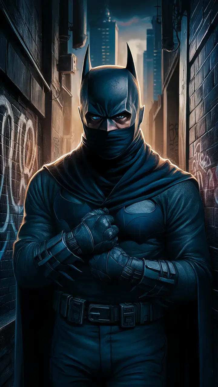 Batman dressed as a robber. He's covering his mouth and nose with a black scarf