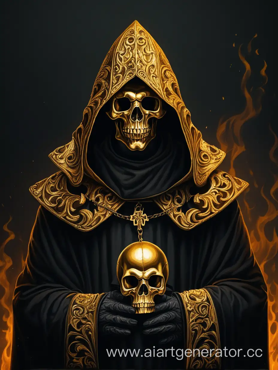 A monk in a golden mask in the form of a skull under a hood in a black robe. Middle Ages in hell