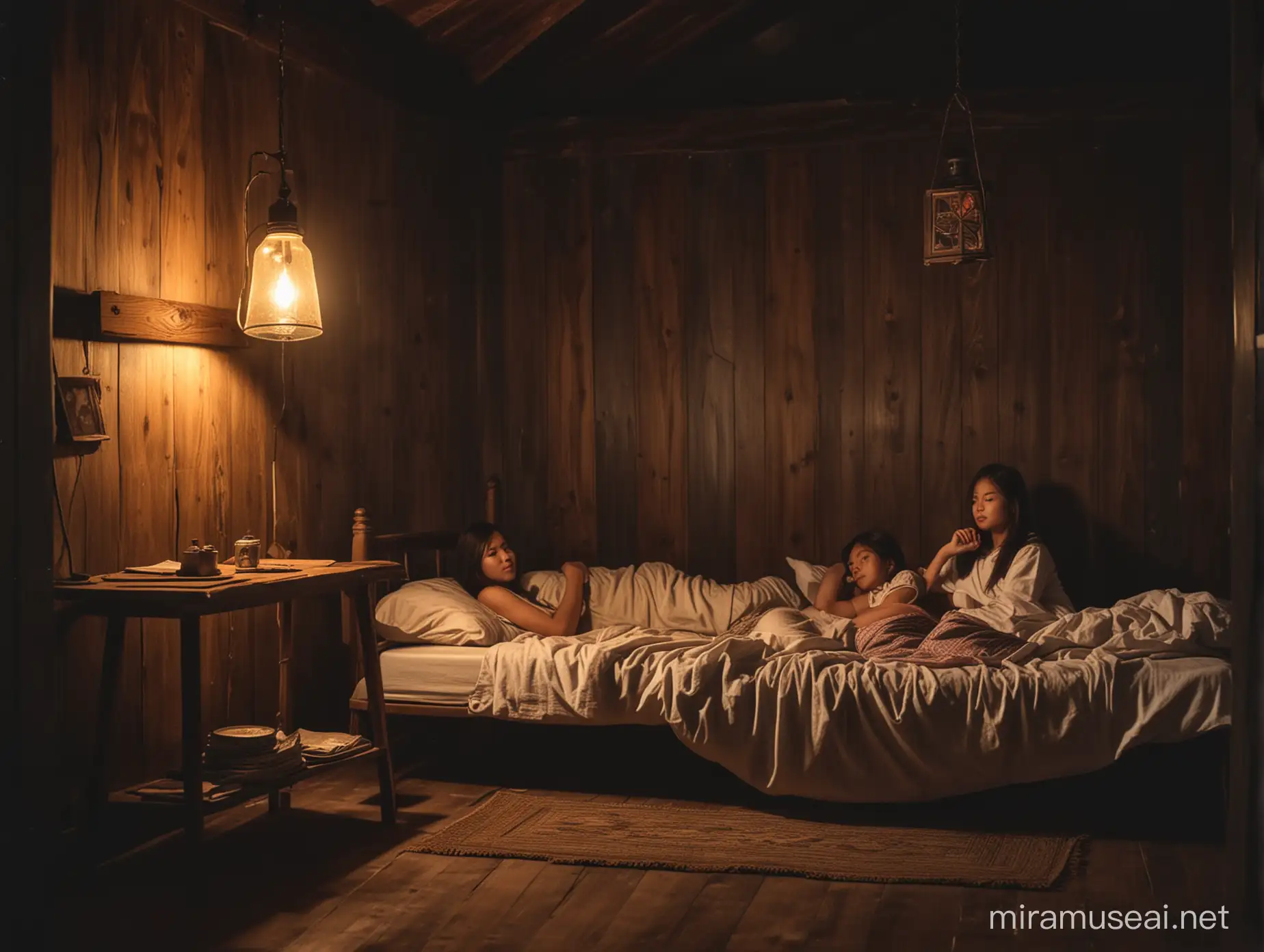 Two young Filipinas having a friendly slumber party in a simple provincial house with old wooden walls and floor, an antique kerosine lamp dimly lights the bedroom, dark, cinematic