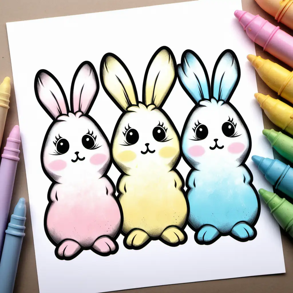 3 bunny peeps, distressed, pastel color, coloring page, thick outline