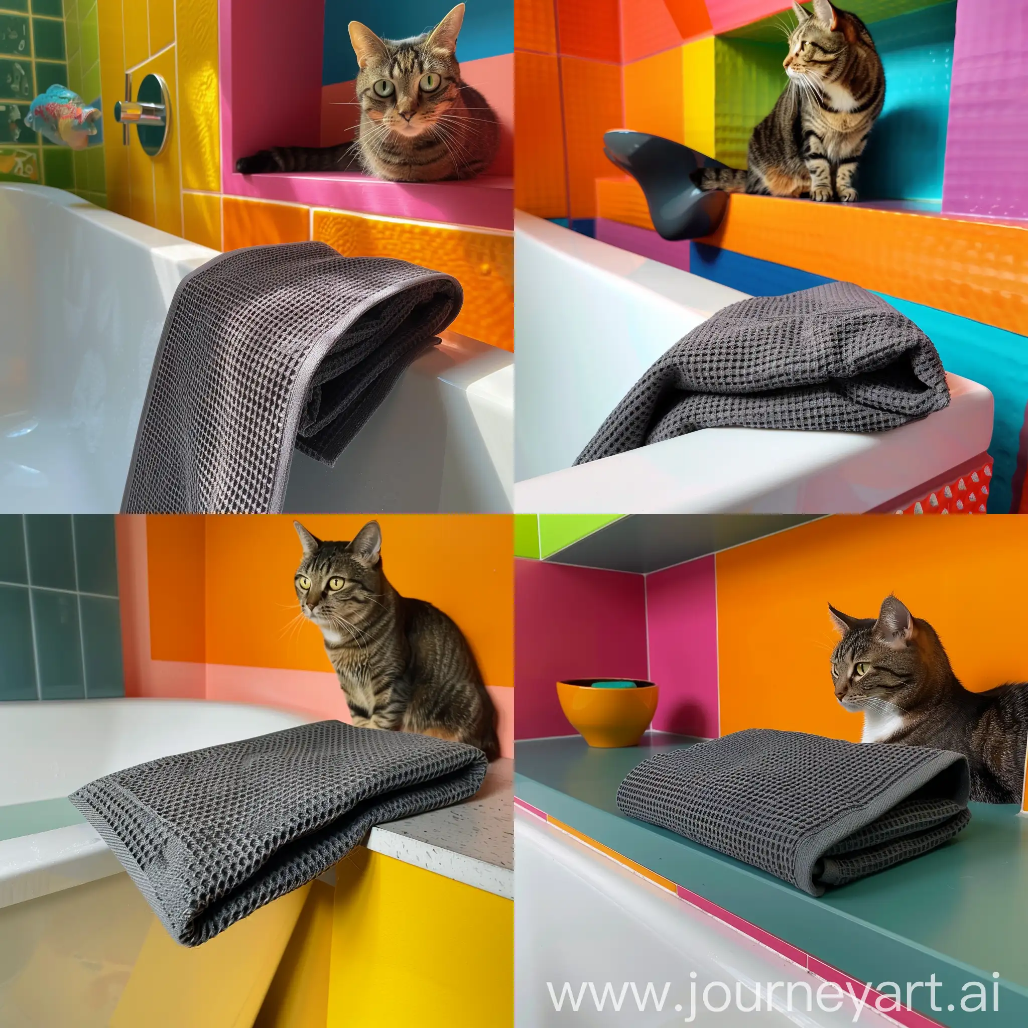 вафельное полотенце, цвета графит. Сложенное лежит на краю ванны. в ванной комнате светлого цвета, с дорогим ремонтом. С боку на тумбе на это полотенце смотрит красивый кот.