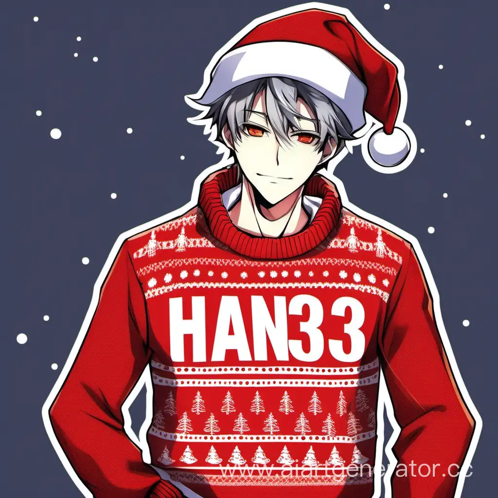 красивый аниме парень в красном новогоднем свитере с надпись Han3der и штанах с новогодней шапкой красного цвета с двумя леденцами на спине и спокойным выражением лица