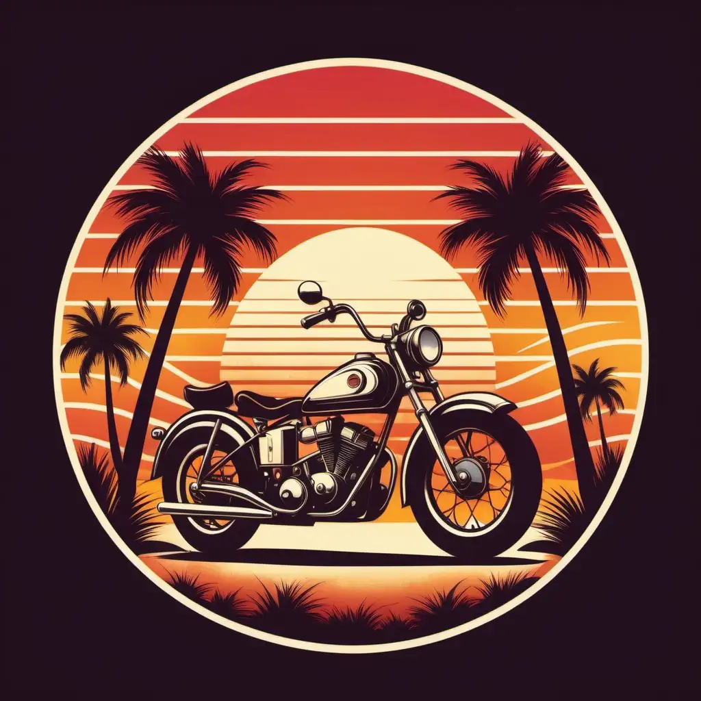 vintage motorcycle,backdrop retro BOLD sunset,incorporate elements like palm trees,use vintage colour pallete, white bachground,ROUND 