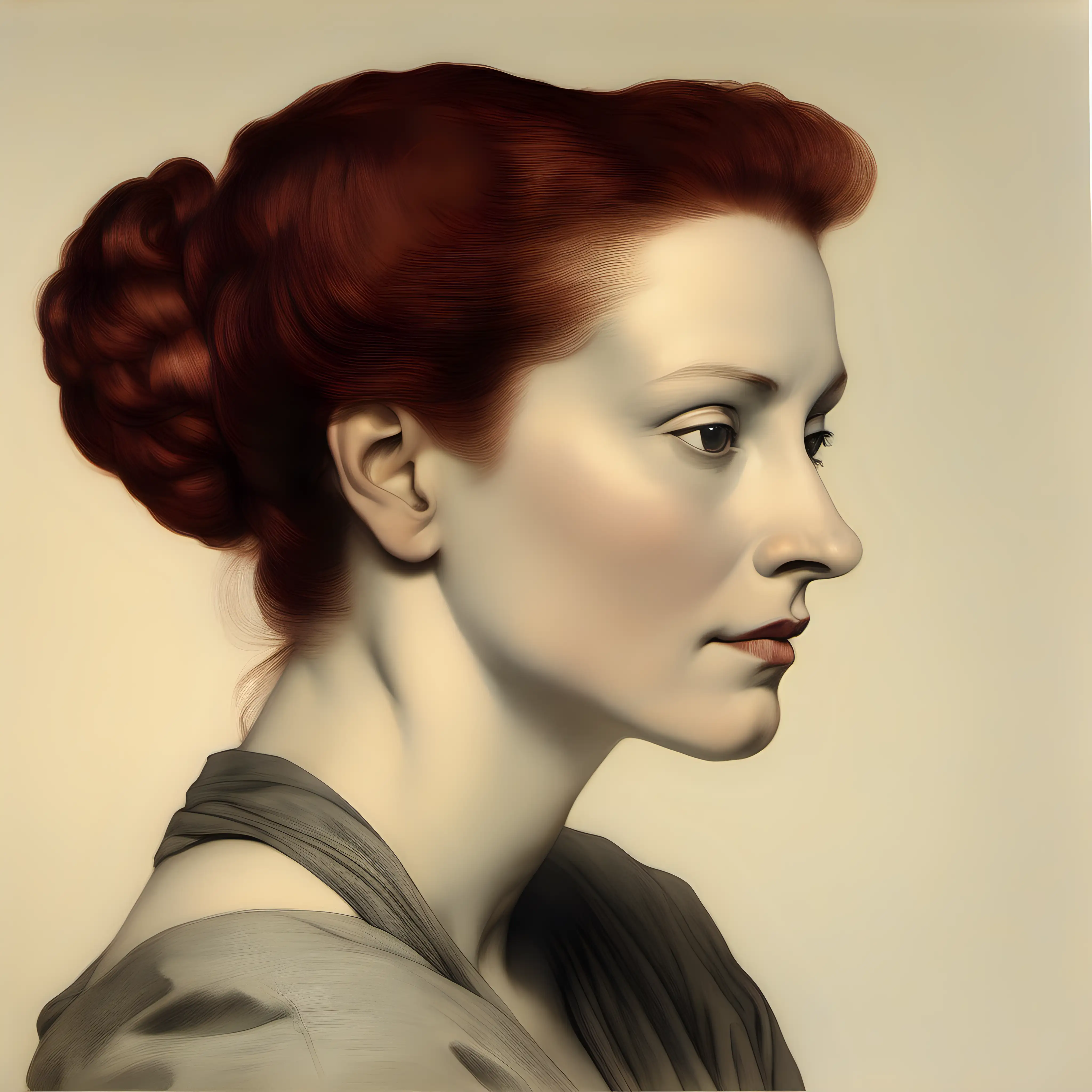 A COLOR PORTRAIT OF A BEAUTIFUL, THIN,  DARK RED HAIRED WOMAN, SEATED, TOWARD THE LEFT, WITH HER HAIR PULLED BACK IN A LARGE BUN, AT THE  BOTTON OF HER NECK,   A 3/4 VIEW,  NOT A PROFILE VIEW, A BEAUTIFUL WOMAN IN MODERN DAY CLOTHING,  NO OLD FASHIONED CLOTHING, LOW CUT NECK, NO HANDS OR ARMS SHOWING,  BUN OF HAIR LOW, AT THE NAPE OF HER NECK,