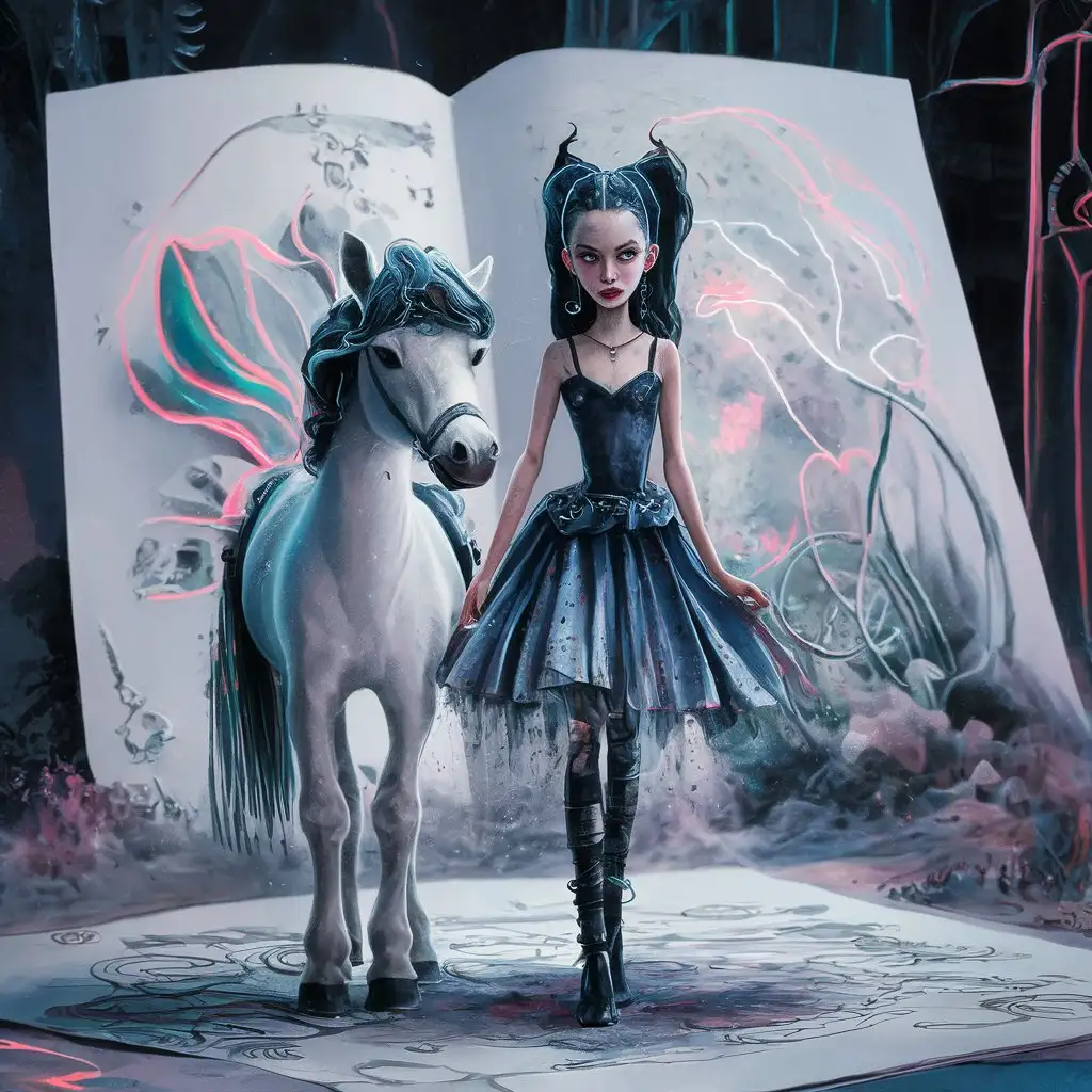 Slim Girl Riding White Pony in Neon Gothic Watercolor Scene