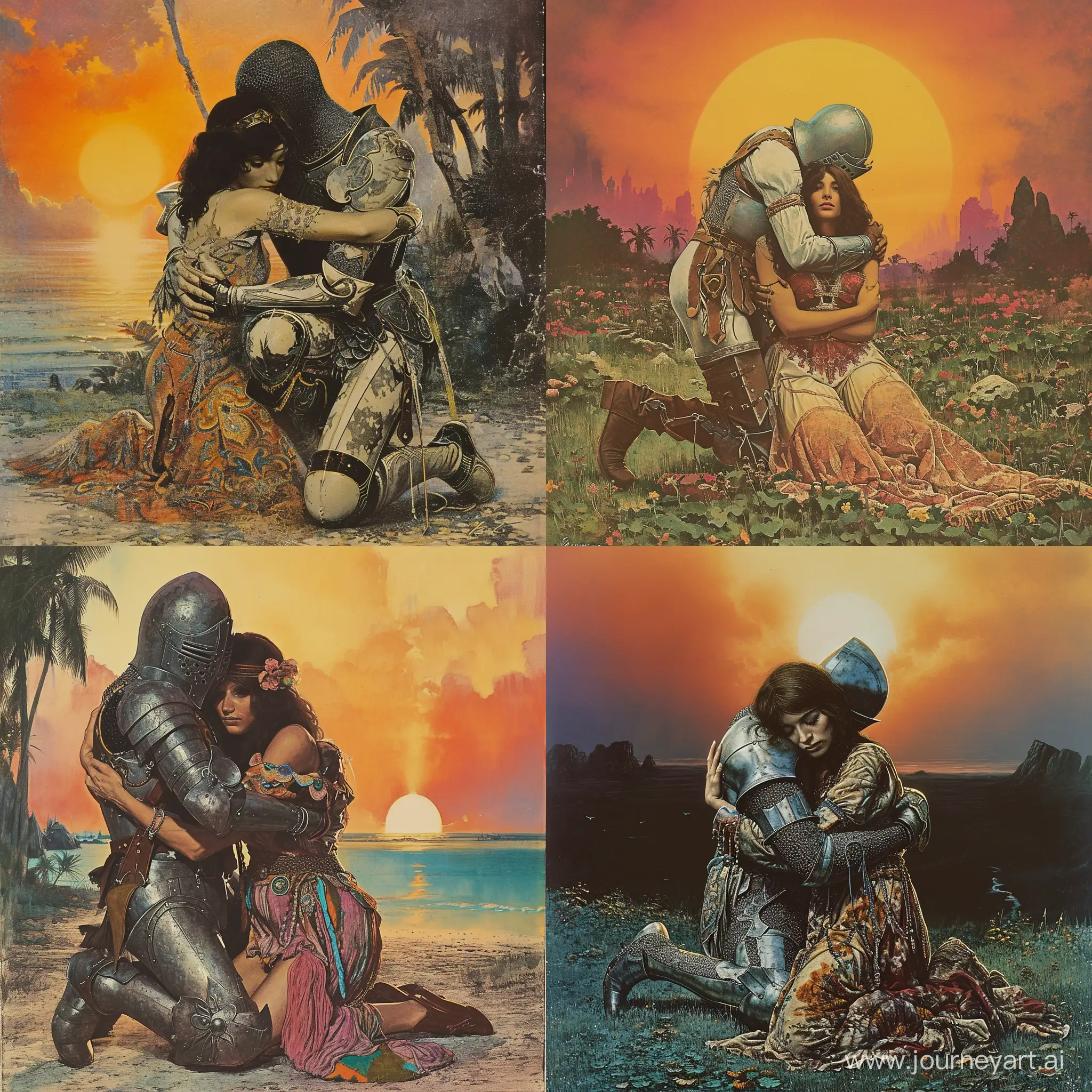 Romantic-Bohemian-Knight-Embracing-Woman-in-1970s-Dark-Fantasy-Paradise