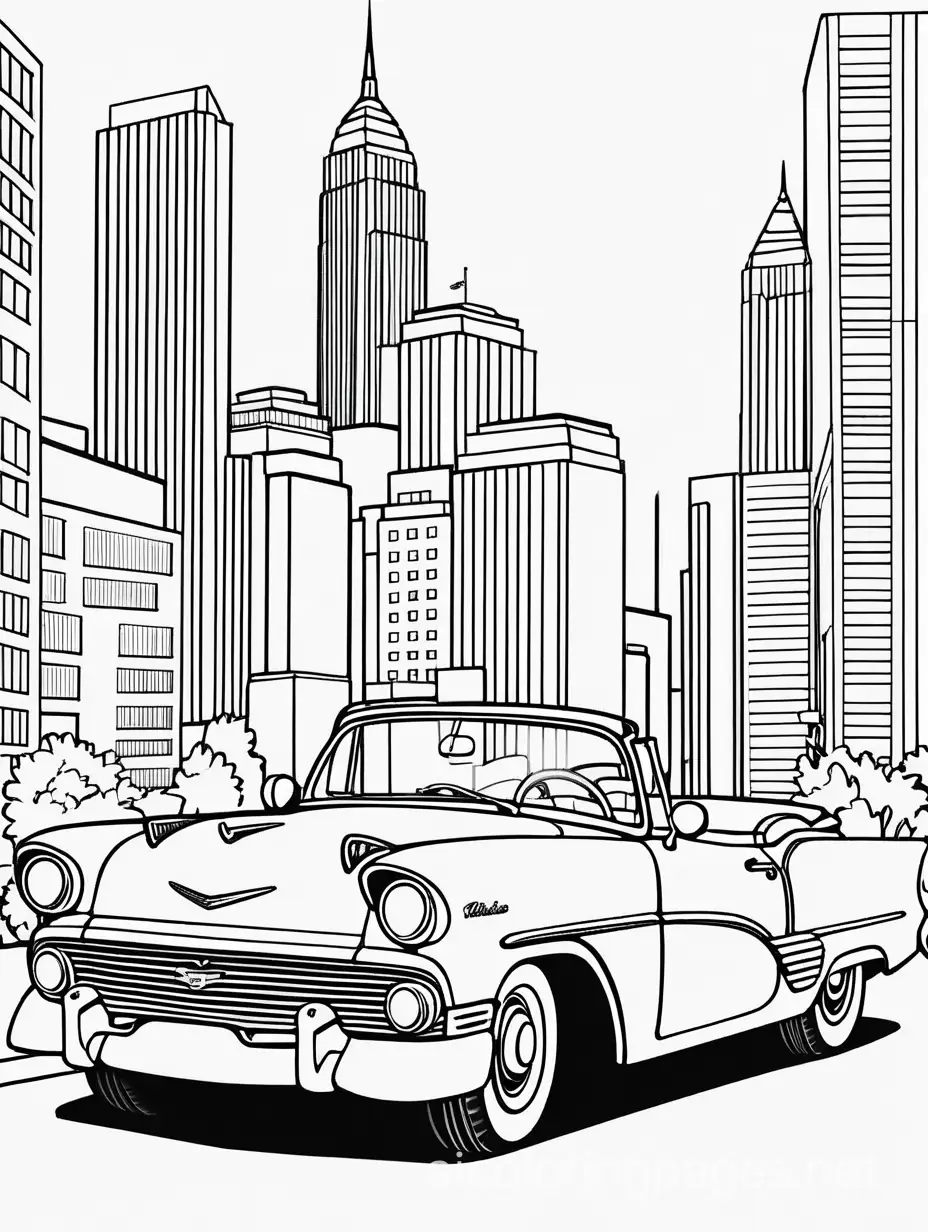 50's convertible car in the city
, Coloring Page, black and white, line art, white background, Simplicity, Ample White Space. The background of the coloring page is plain white to make it easy for young children to color within the lines. The outlines of all the subjects are easy to distinguish, making it simple for kids to color without too much difficulty