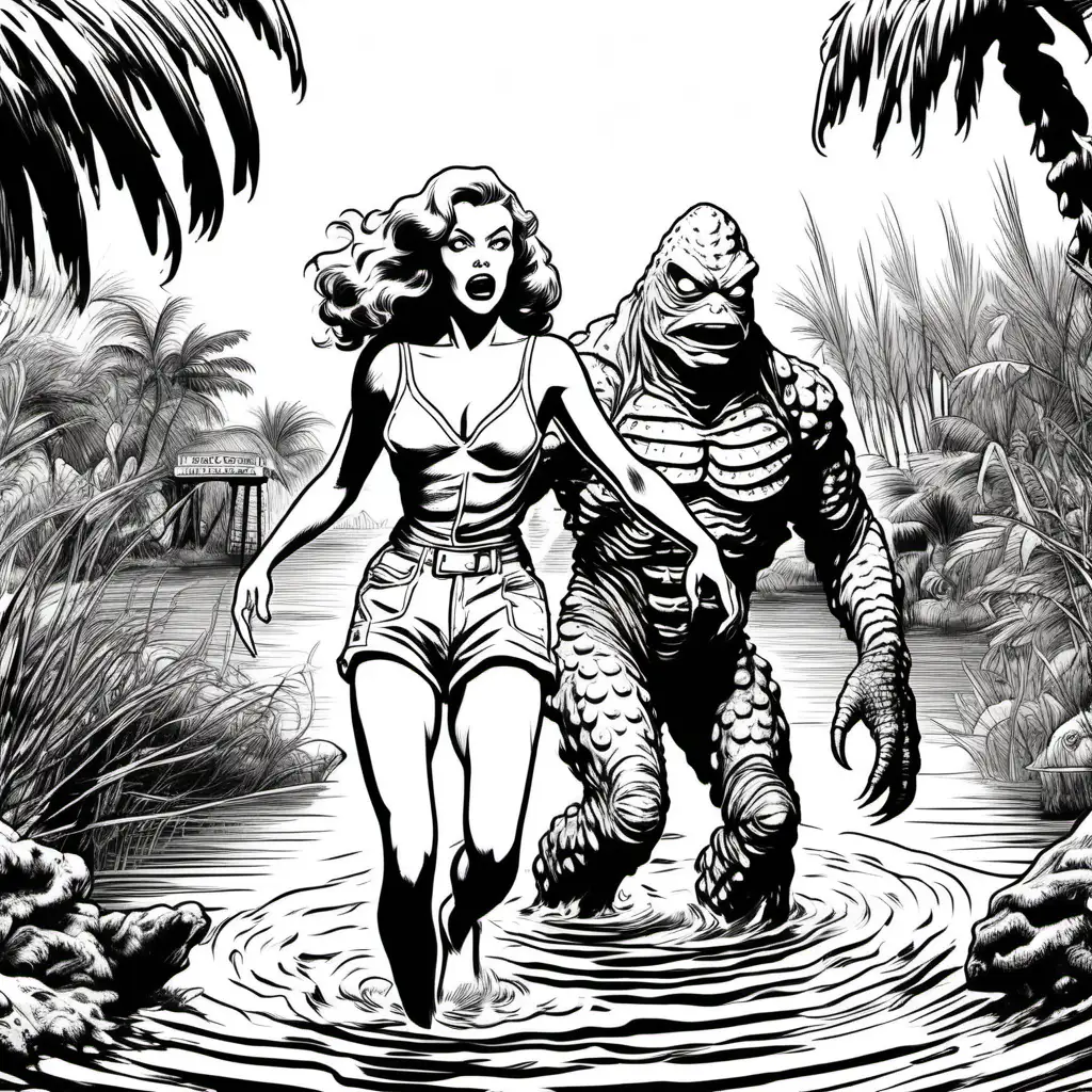 black and white drawing of creature from the black lagoon in white and carrying a frightened pretty woman in shorts all in white in white lagoon for coloring

