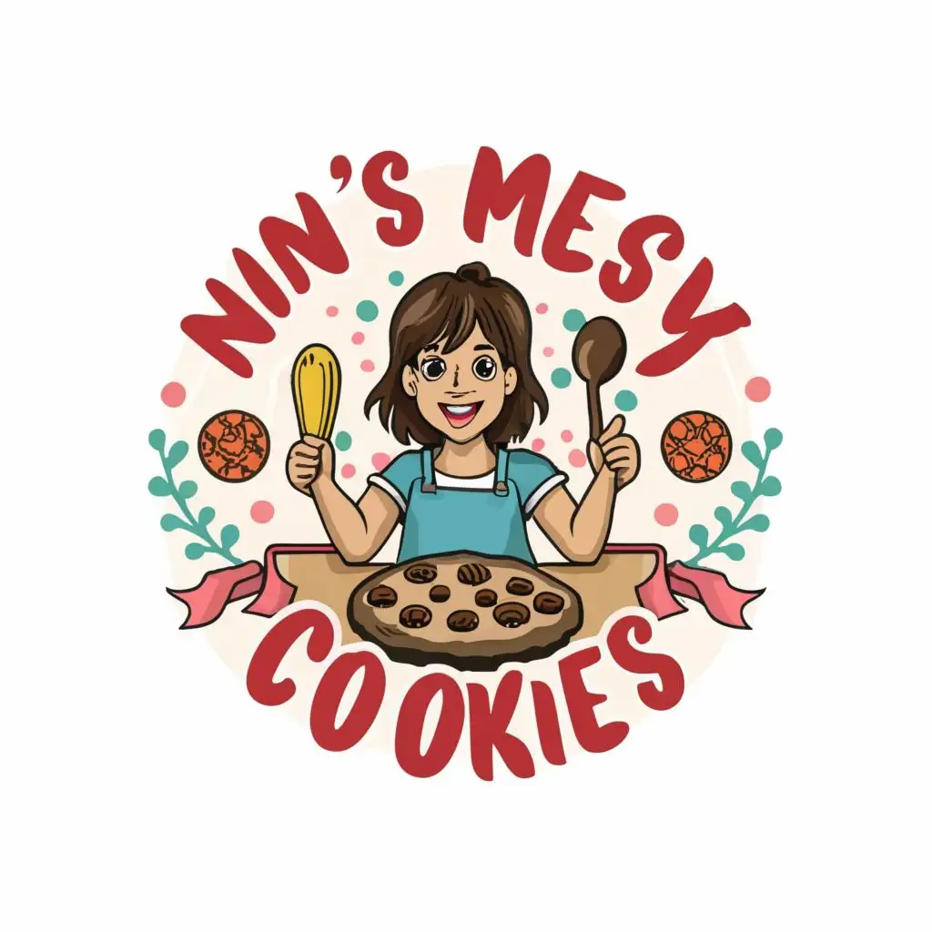 LOGO-Design-For-Nins-Messy-Cookies-Whimsical-Girl-Baking-Cookies-on-Colorful-Background