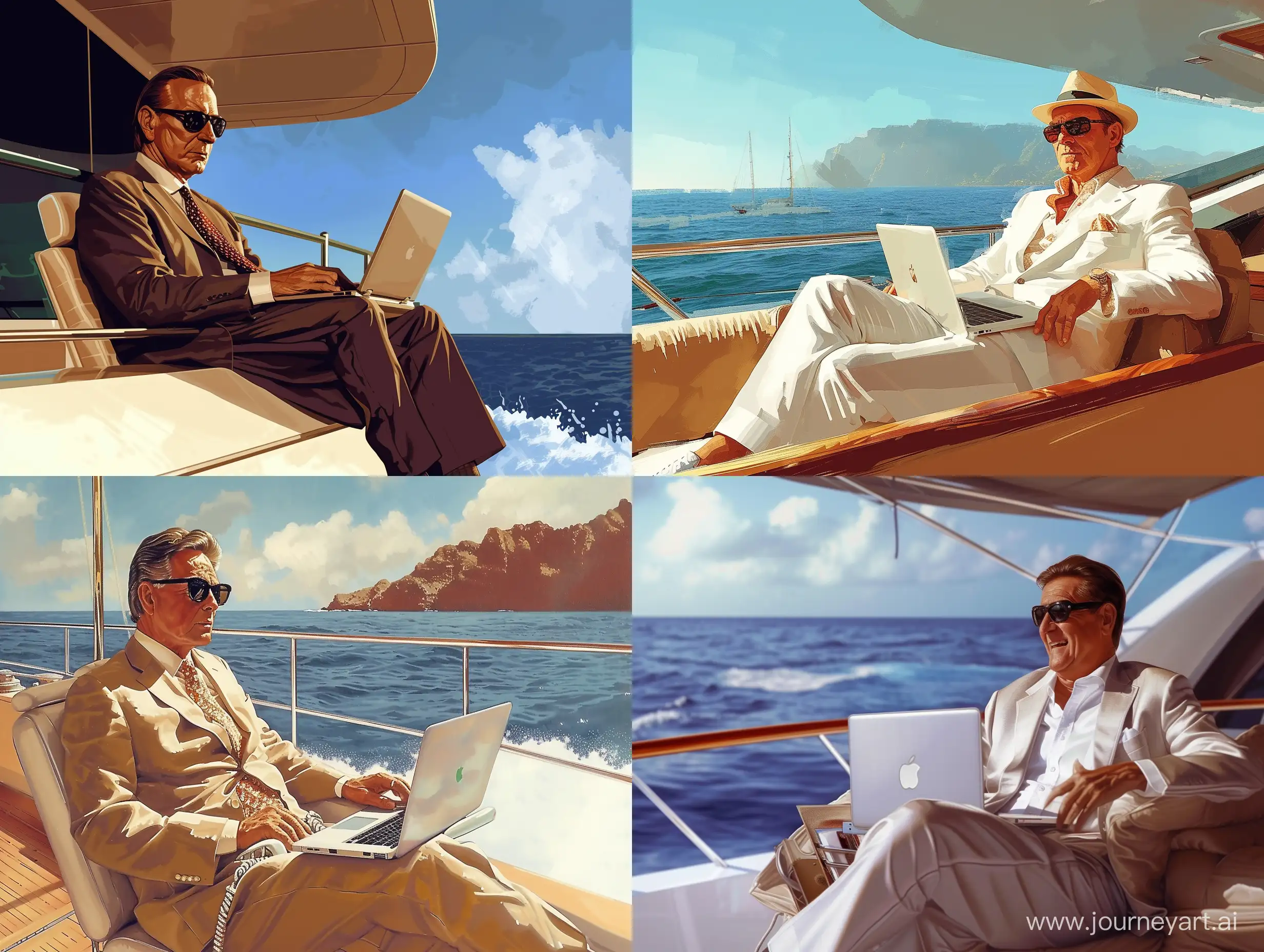 Ray Kroc on yacht with laptop, luxury lifestyle, alla prima artstyle, highly detailed