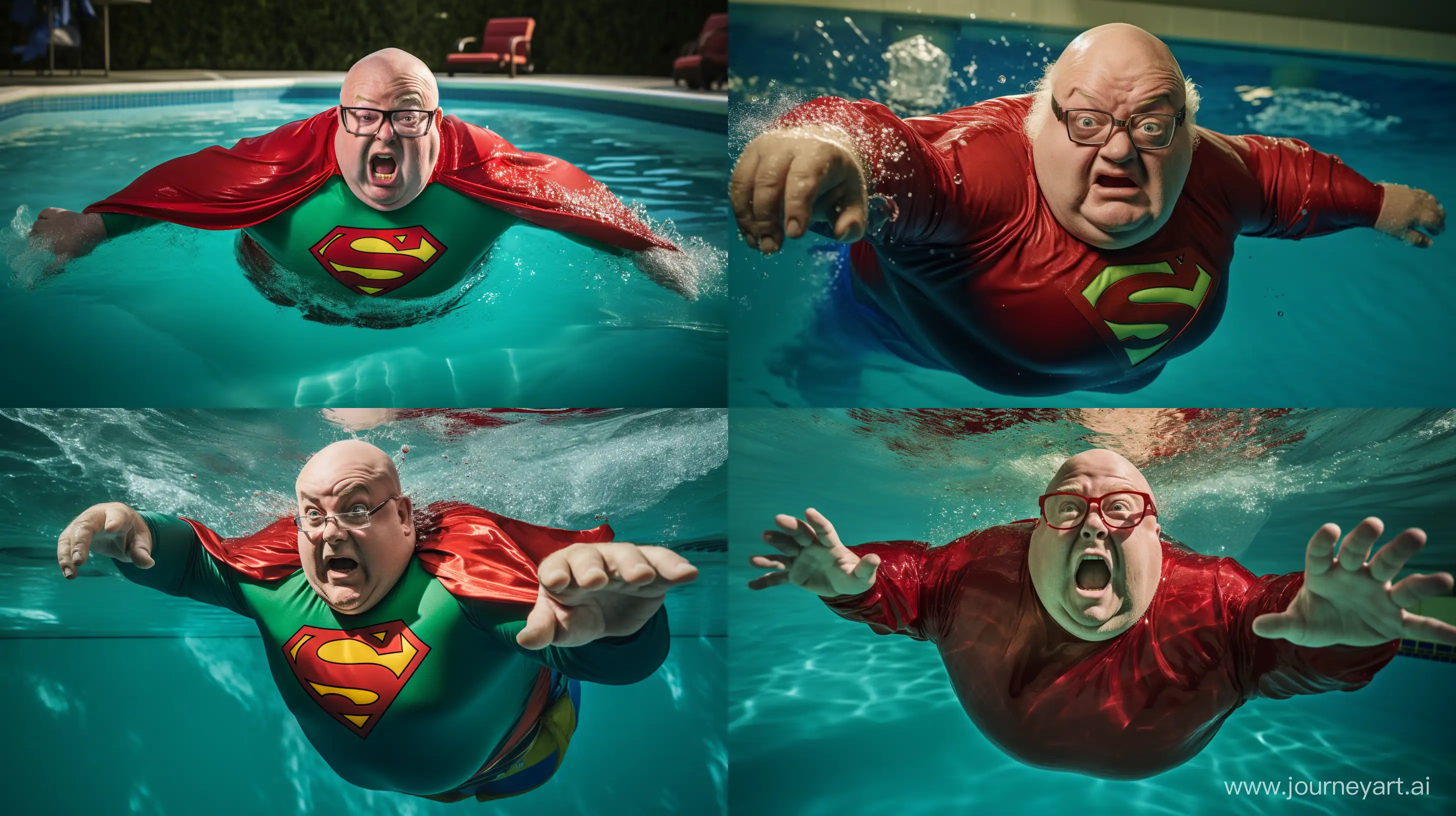 chubby man, fear expression, 70 years old, falling in a pool, small green illuminated ball, wet tight blue spandex superman costume, red cape, clean shaven, bald, sharp-focus, high-quality, award-winning photograph, Canon EOS 5D Mark IV DSLR, professional lighting setup, Adobe Photoshop --ar 16:9