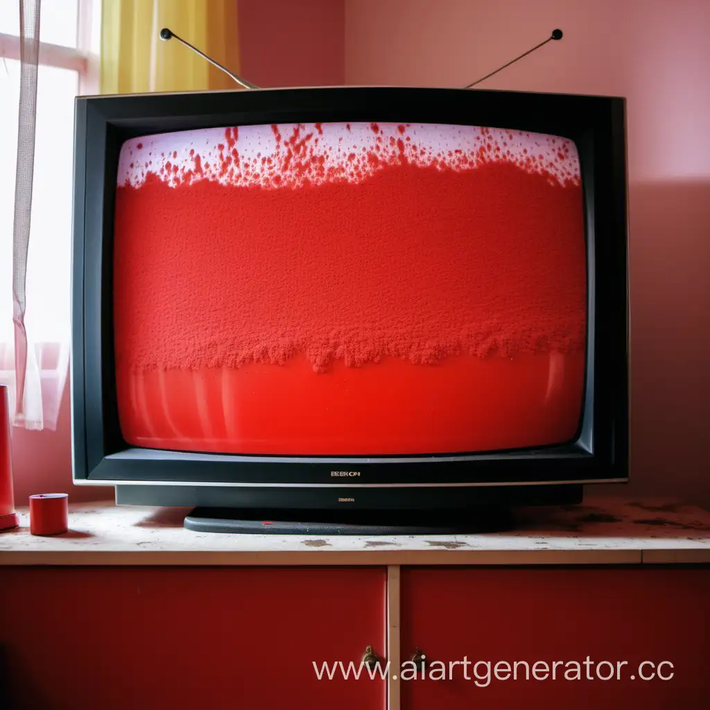 На экране телевизора красная лужа в помещении, вид спереди, в детской комнате деревенского дома, образец конца 90-х,  