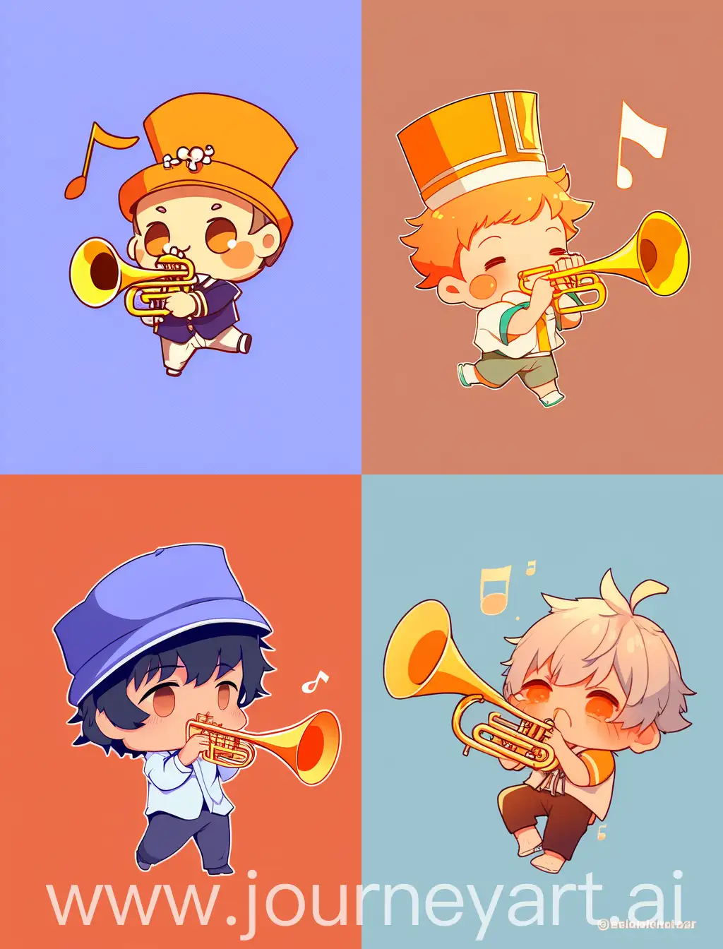 chibi anime guy playing trumpet, with orange solid background, 